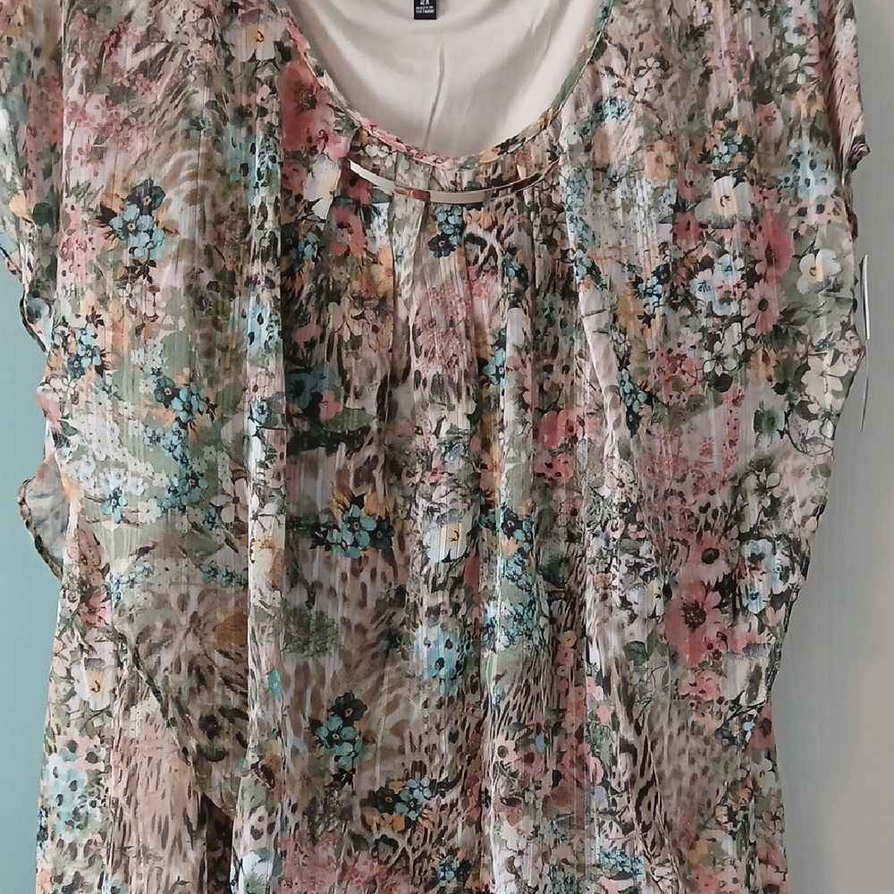 Sara Michelle Sheer Floral Scoop-Neck Blouse in Pink, Teal & Cream